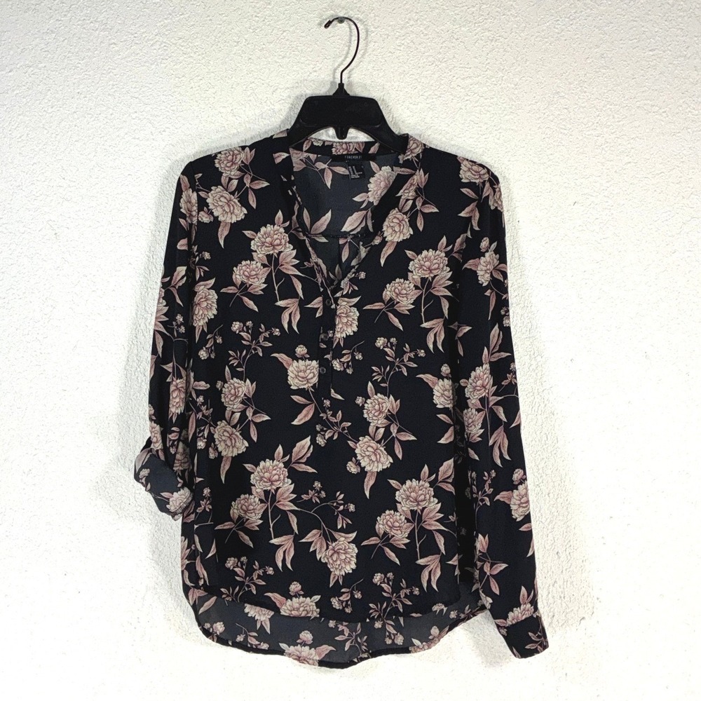 Forever 21 Womens Black Pink Floral Roll Tab Sleeve Blouse Top Size Medium